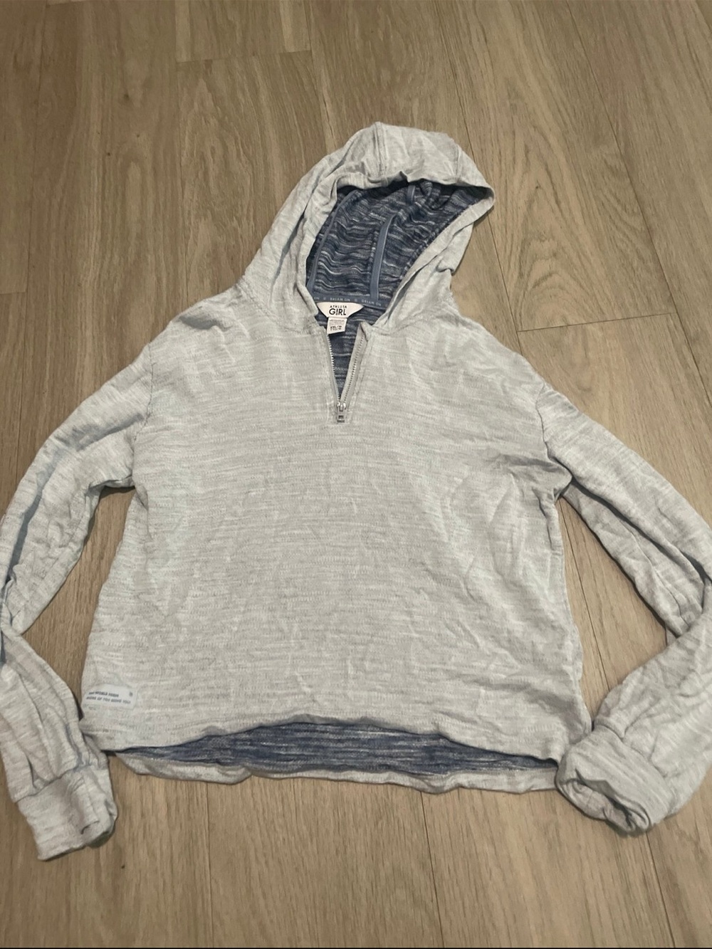 Athleta Light Gray Hooded Quarter-Zip Sweatshirt with Blue Trim